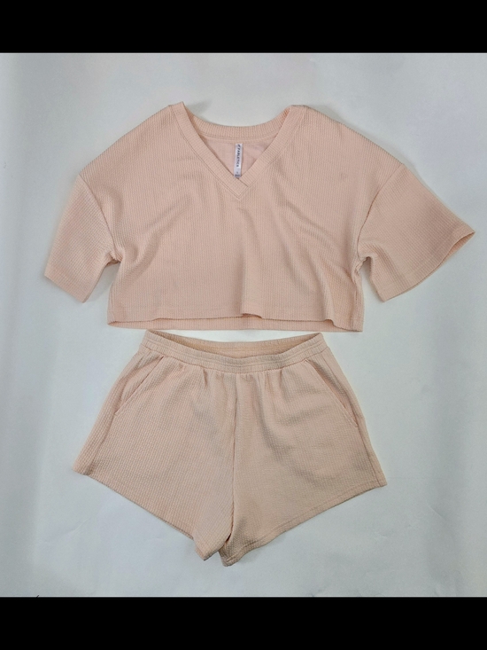 Other - Women's Ribbed V-Neck Crop Top & Shorts Lounge Set - Blush Womens Size S